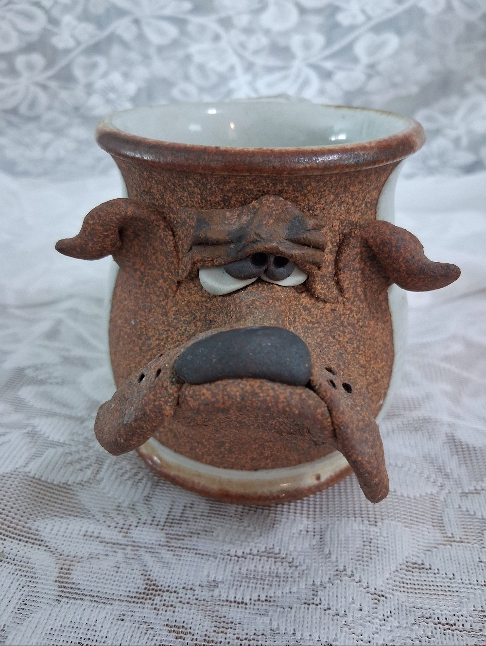Vintage Pouty Pup Pottery Mug Handmade Signed By Artist Boxer Dog Clay